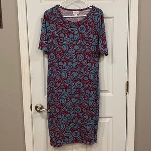 Lularoe Julia red with turquoise paisley pattern